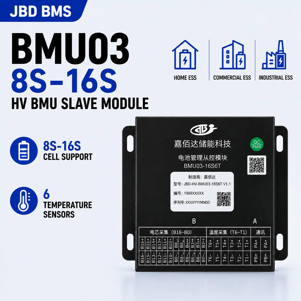 JBD BMU03 HV BMU Slave Module supports 8-16S battery cells with 6 temperature sensors for high voltage ESS battery systems.