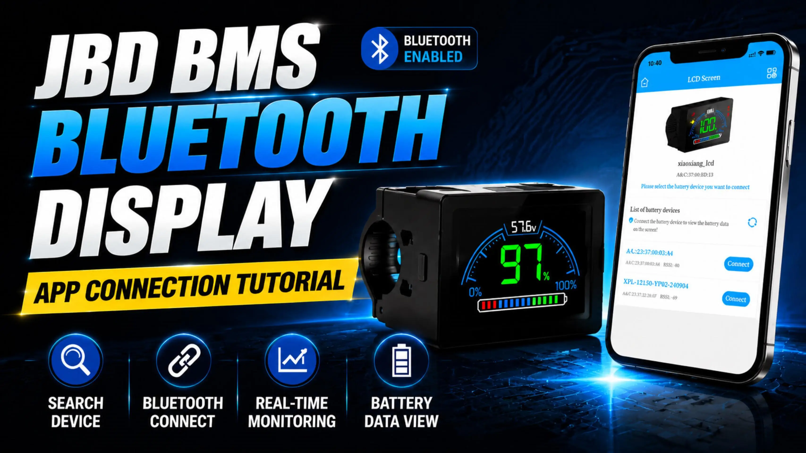 JBD LCD07 Bluetooth display wiring and app connection tutorial for real-time lithium battery monitoring