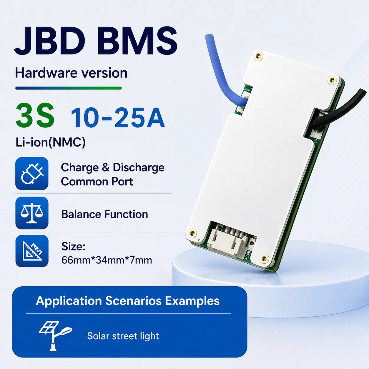 JBD BP03S006 Hardware BMS 3S 10A-25A for Li-ion NMC battery packs with charge and discharge common port and balance function