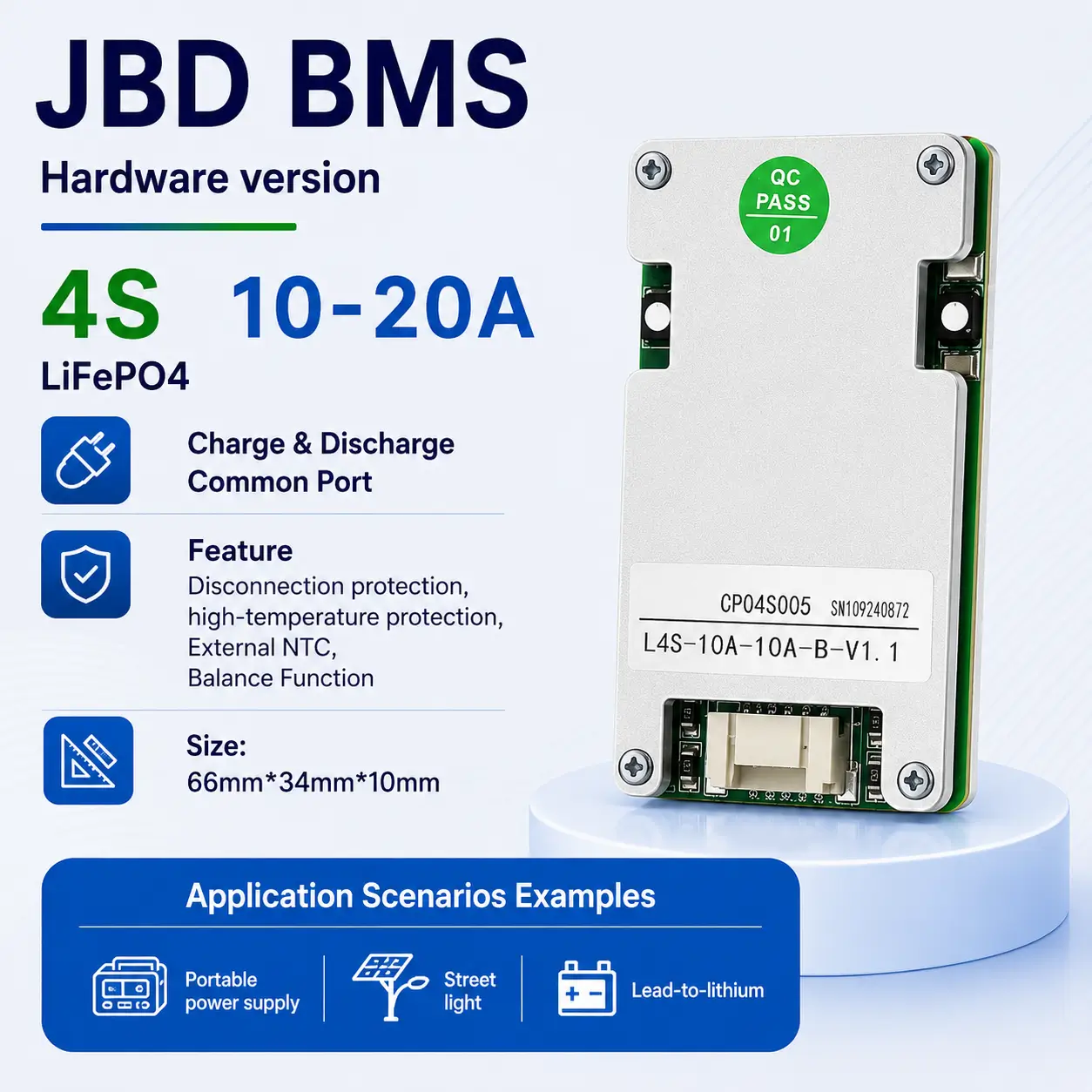 JBD CP04S005 Hardware BMS 4S 10A-20A for LiFePO4 battery packs with common port, balance function and external NTC