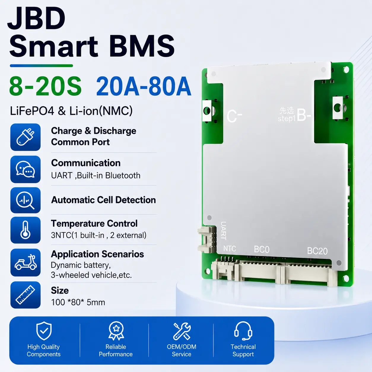 JBD 8S-20S 20A-80A Smart BMS for LiFePO4 & NMC Li-ion with Bluetooth & Auto Cell Detection