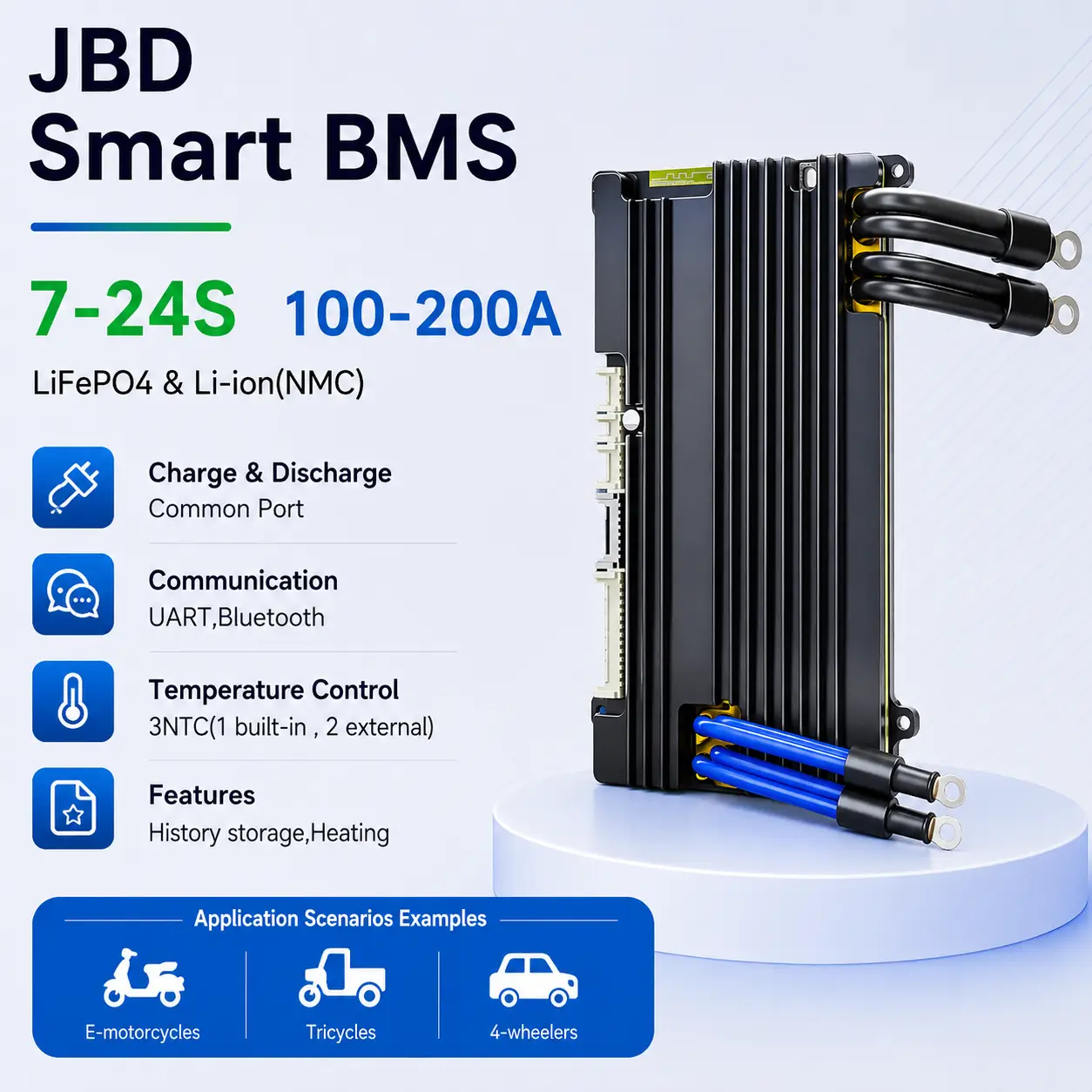 JBD DB24SA01 Smart BMS 7-24S 100-200A for LiFePO4 and Li-ion (NMC) battery systems with Bluetooth communication