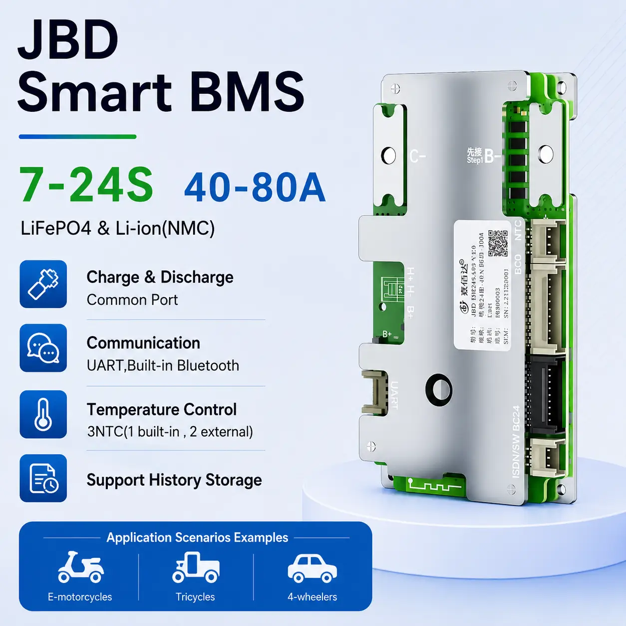 JBD DB24SA03 Smart BMS supports 7-24S LiFePO4 and Li-ion (NMC) battery packs with 40-80A current, UART communication, built-in Bluetooth, temperature monitoring, and history data storage.