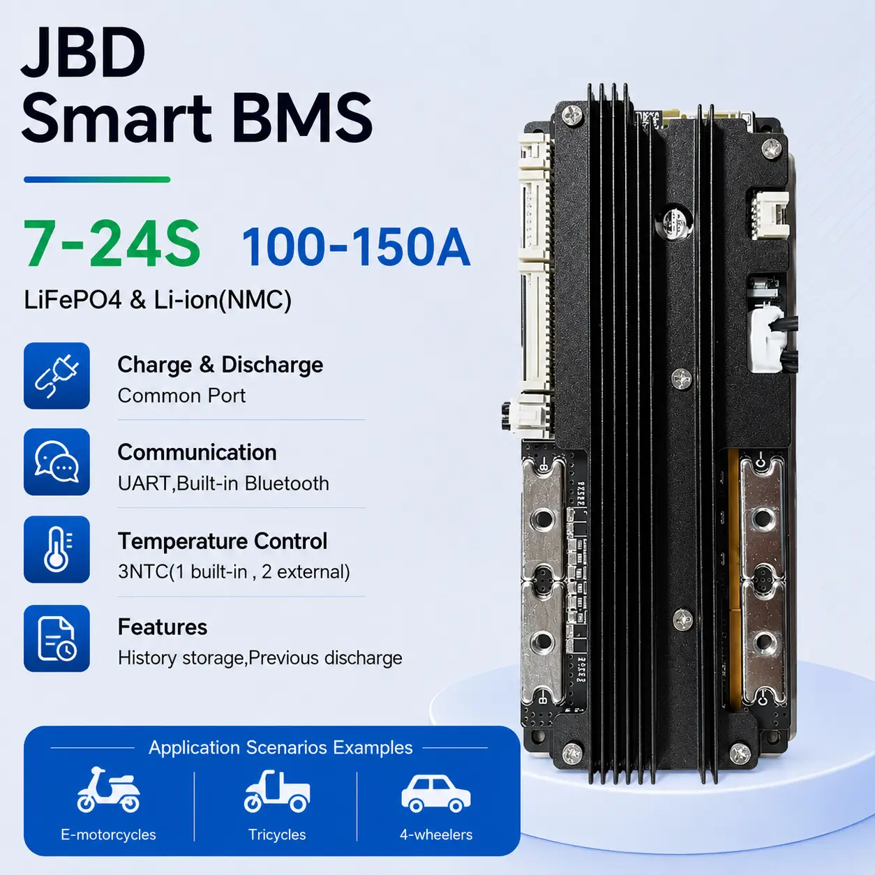JBD 7S-24S 100A-150A Smart BMS for LiFePO4 & NMC Li-ion with Bluetooth