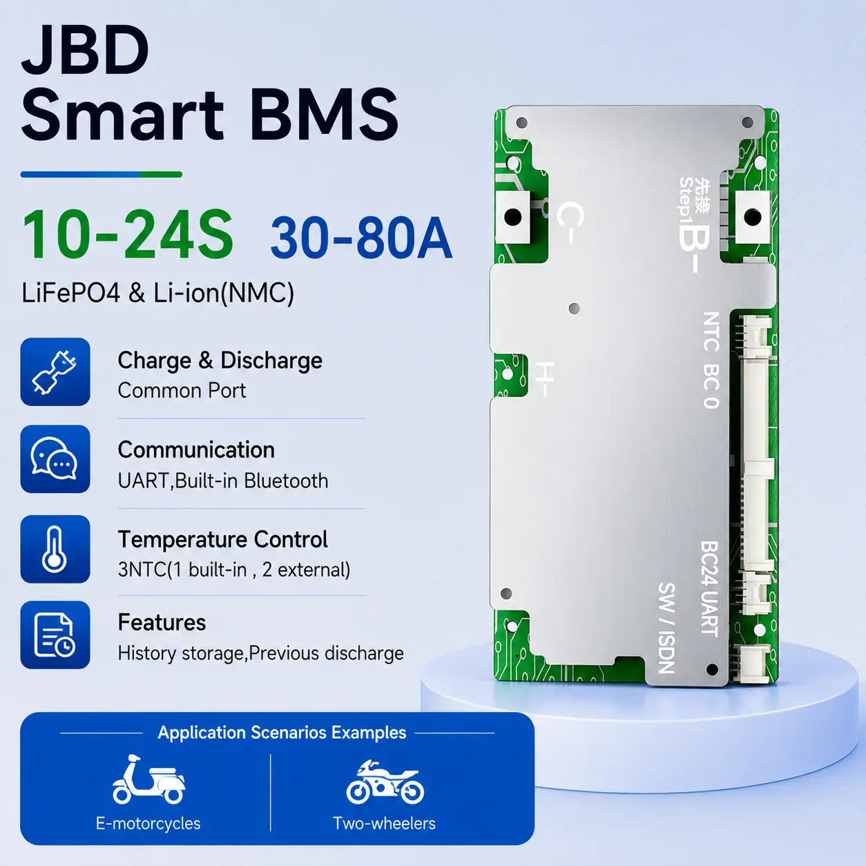 JBD DB24SA08 Smart BMS supports 10-24S LiFePO4 and Li-ion (NMC) battery packs with 30-80A current options, featuring UART communication, built-in Bluetooth, temperature monitoring, and history data storage.