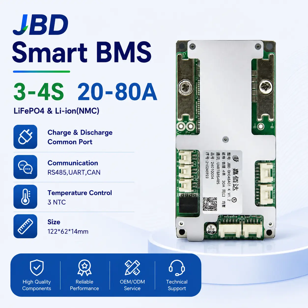 JBD DH04SA01 3S-4S 12V 20A-80A Smart BMS for LiFePO4 and NMC batteries with RS485 UART CAN communication