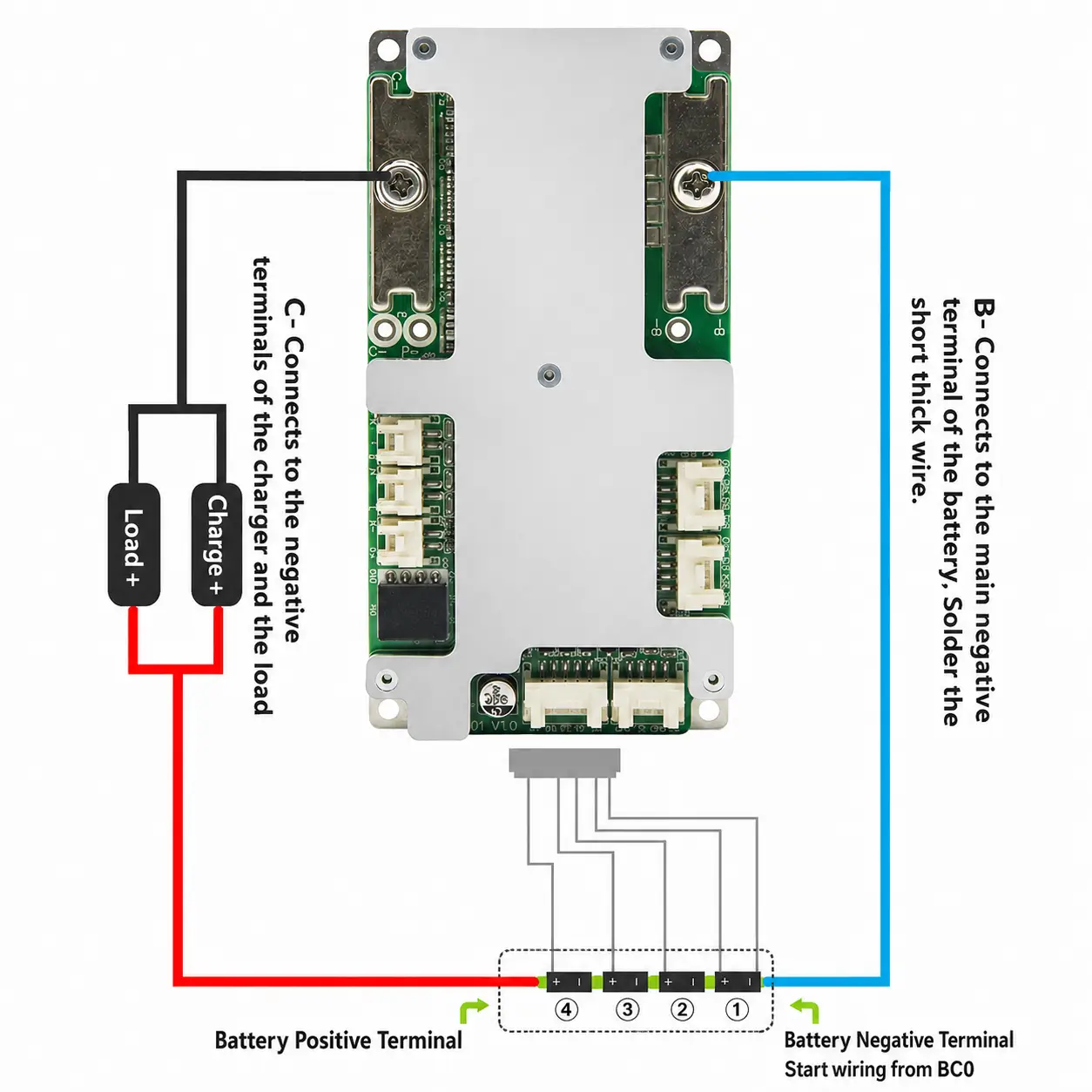 JBD DH04SA01 3S-4S LiFePO4 / NMC BMS connection diagram