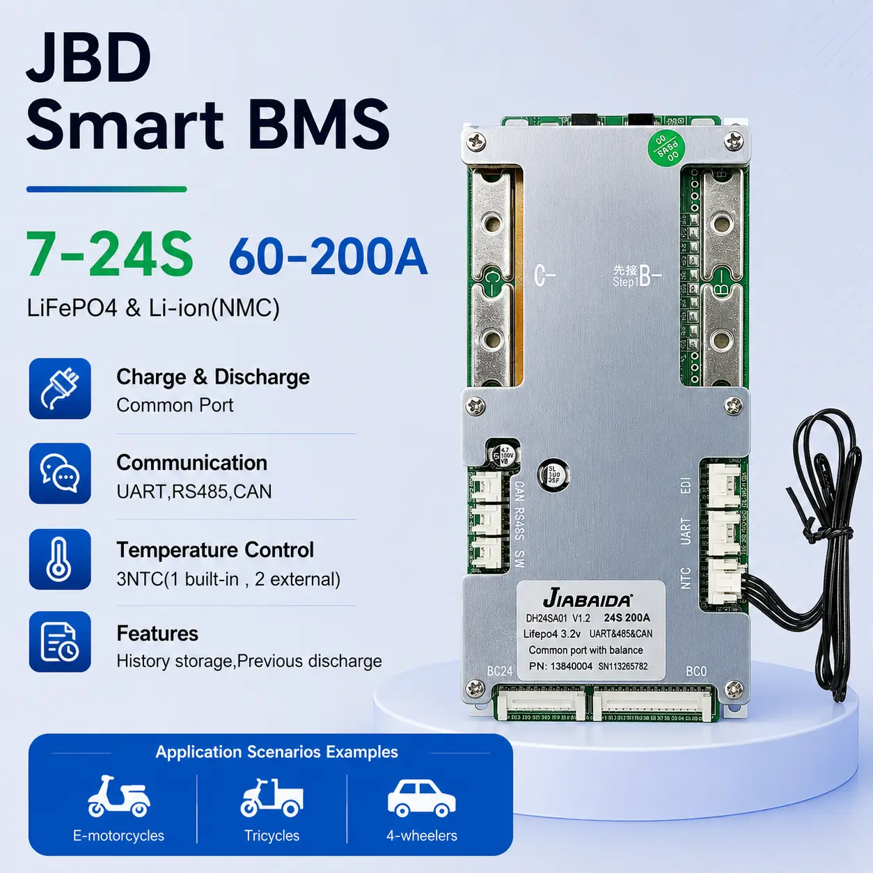 JBD DH24SA01 7-24S 60-200A Smart BMS for LiFePO4 and Li-ion (NMC) battery packs with UART RS485 CAN communication
