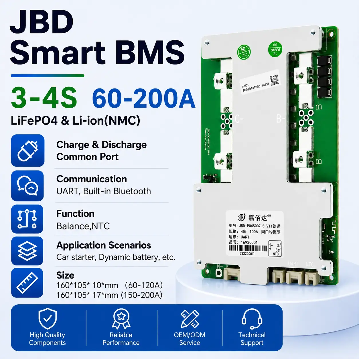 JBD 3S-4S 12V 60A-200A Smart BMS for LiFePO4 & NMC Li-ion with Built-in Bluetooth