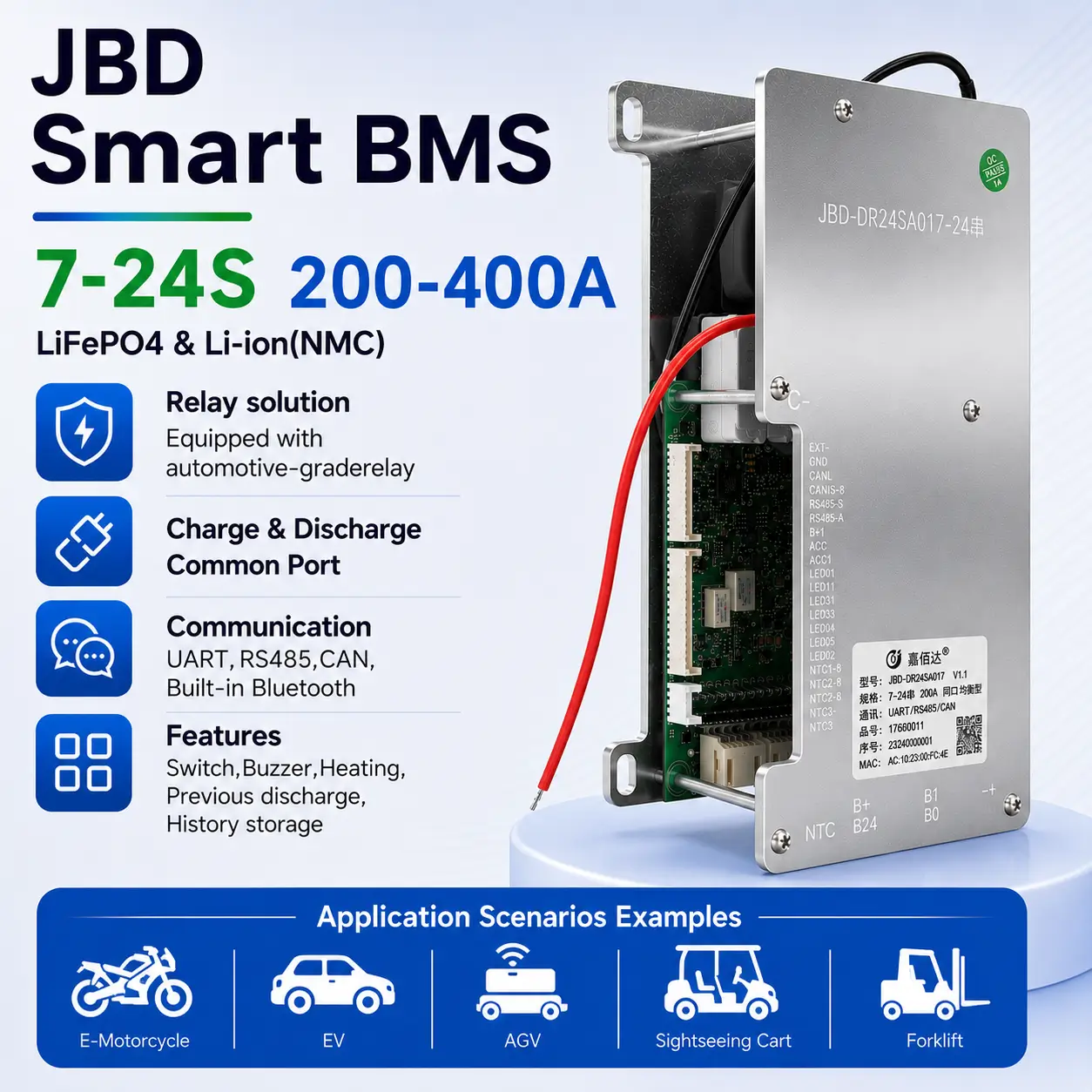 JBD DR24SA01 Relay Smart BMS 7-24S 200A-400A for LiFePO4 and Li-ion battery packs with UART RS485 CAN and Bluetooth communication