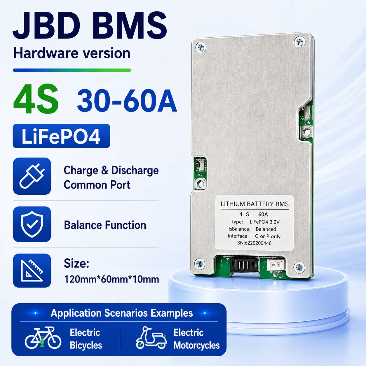 JBD HP04S024 Hardware BMS 4S 30A-60A for LiFePO4 battery packs with common port and balance function