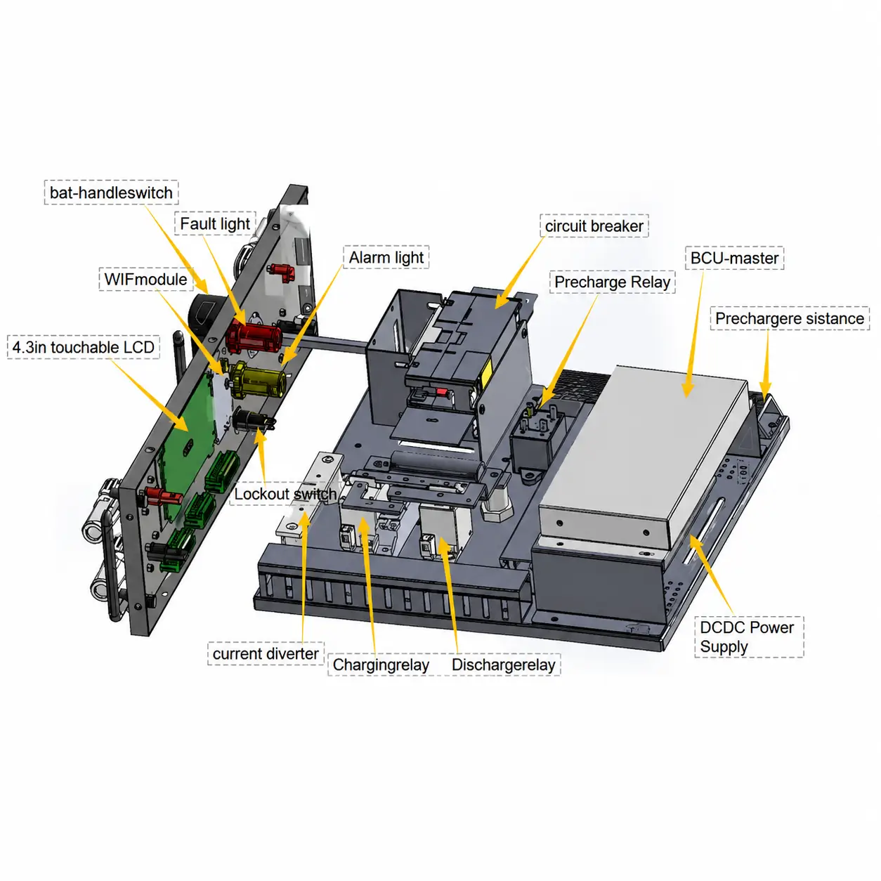 JBD high voltage ESS BMS system structure including BCU master, LCD touch screen, WiFi Bluetooth modules, HV box and power control components.