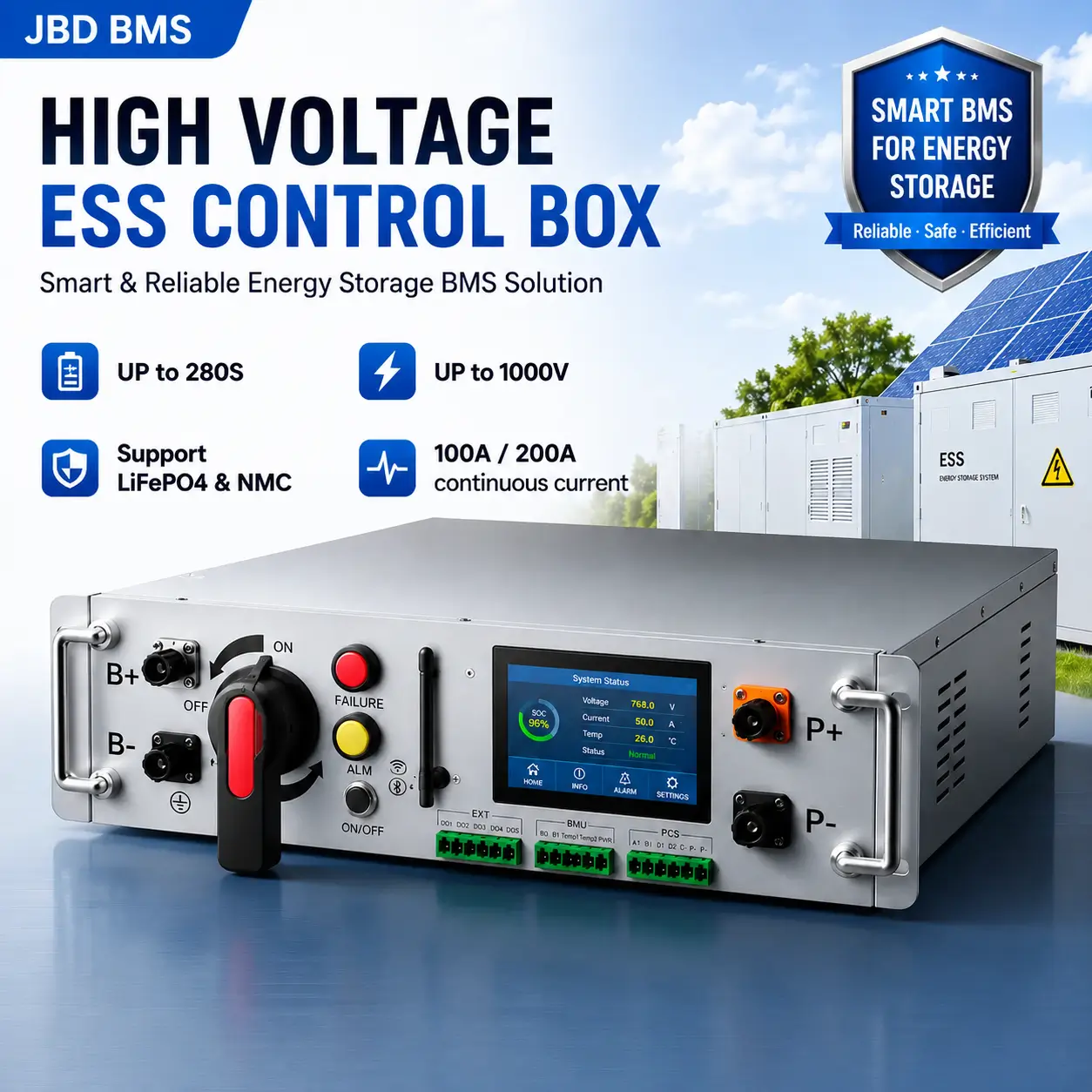 JBD high voltage ESS BMS control box supports up to 280S battery systems, 1000V voltage, and 100A/200A continuous current options.