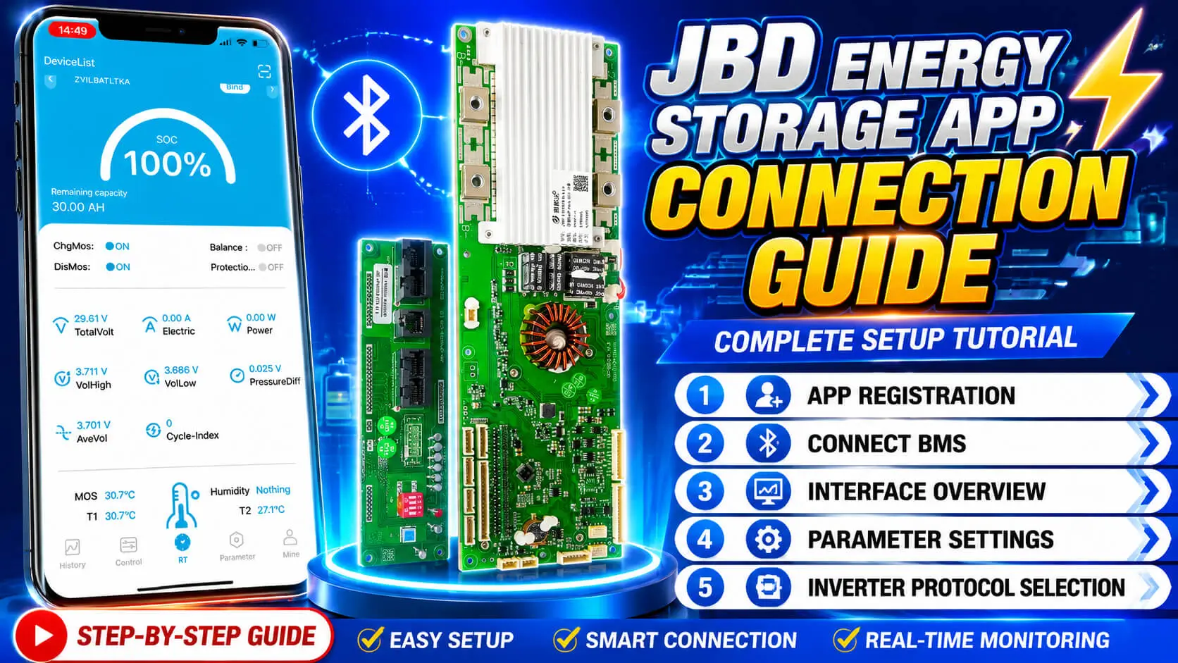 JBD energy storage BMS app connection guide for Bluetooth setup, parameter settings and inverter protocol configuration