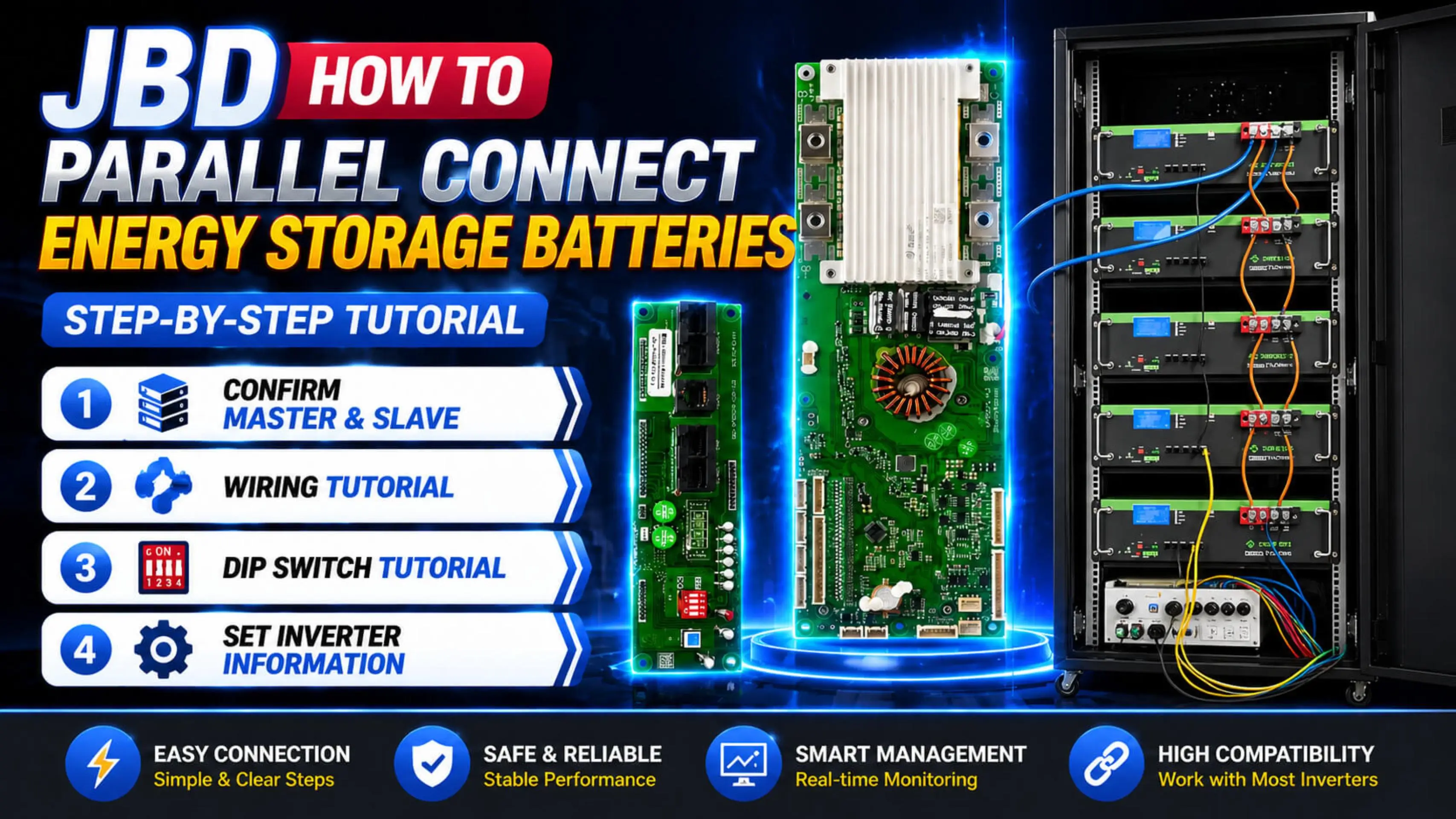 JBD ESS BMS parallel connection guide for energy storage battery systems with master and slave setup wiring tutorial