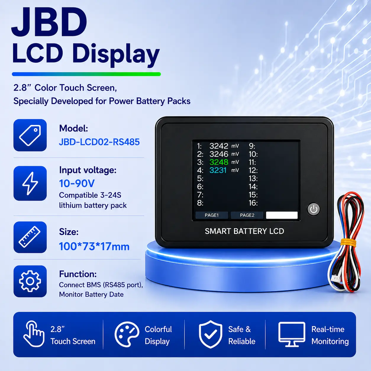 JBD Smart BMS Universal LCD Display Module | Real-Time Battery Monitor for Battery Pack (Not for UP Energy Storage Series)