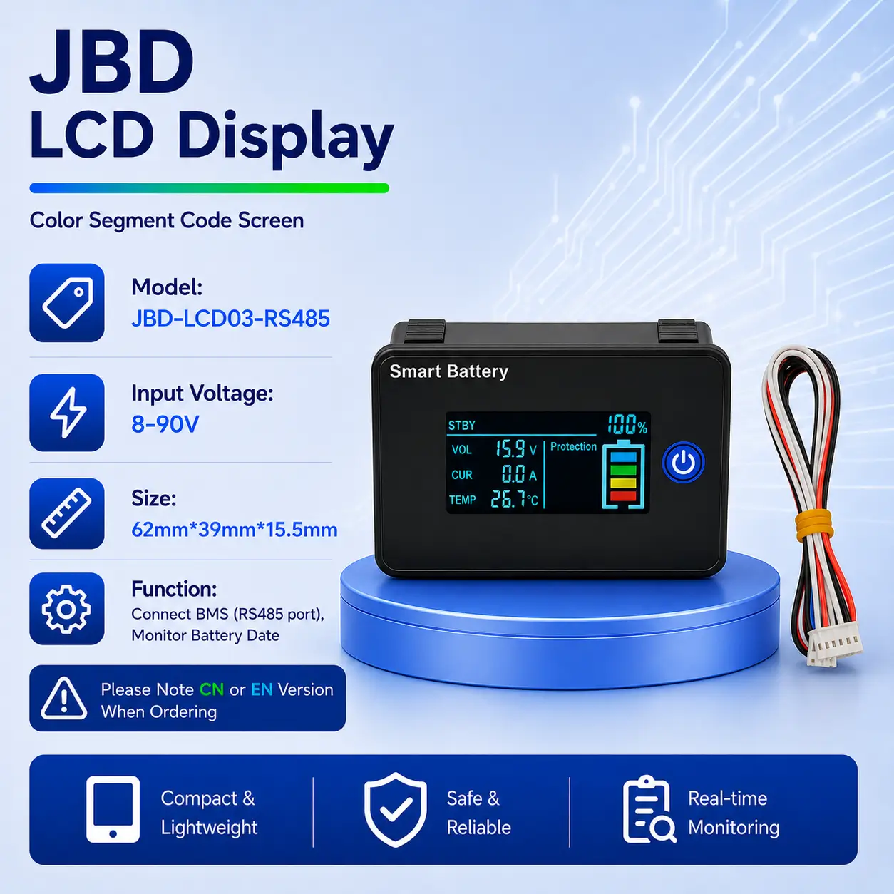 JBD Smart BMS Universal LCD Display Module | Real-Time Battery Monitor for Battery Pack (Not for UP Energy Storage Series)