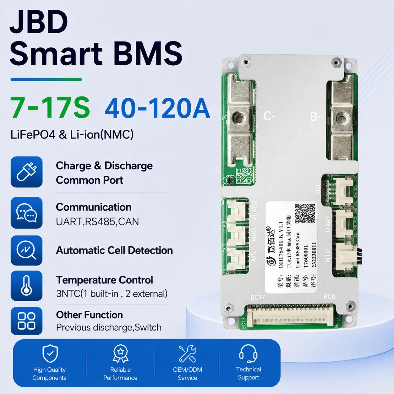 JBD OH17SA01 Smart BMS 7-17S 40A-120A lithium battery management system with UART RS485 CAN communication