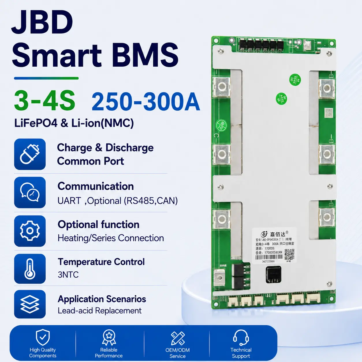 JBD SP04S060 Smart BMS 3-4S 250A-300A for LiFePO4 and Li-ion battery packs with UART RS485 CAN communication