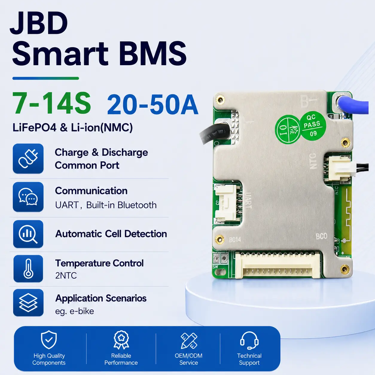 JBD smart BMS 7-14S 20-50A for LiFePO4 and Li-ion (NMC) battery packs with UART and Bluetooth communication, automatic cell detection and temperature control for e-bike and small electric vehicle applications.