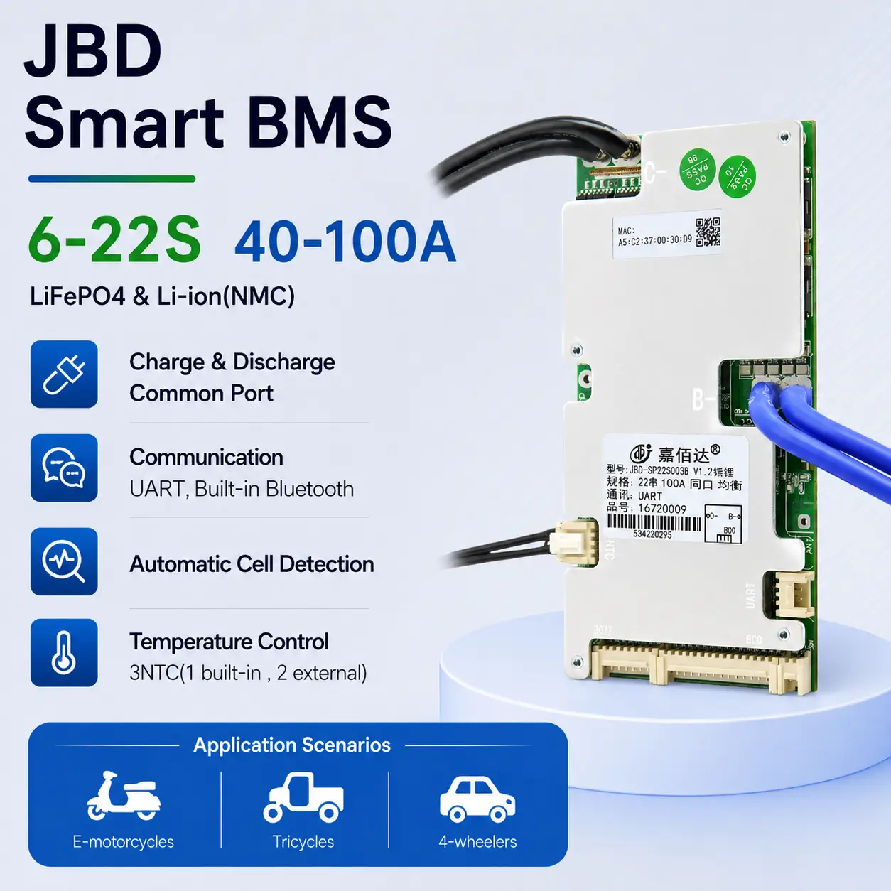 JBD SP22S003 Smart BMS 6-22S 40A-100A lithium battery management system for LiFePO4 and Li-ion (NMC) batteries