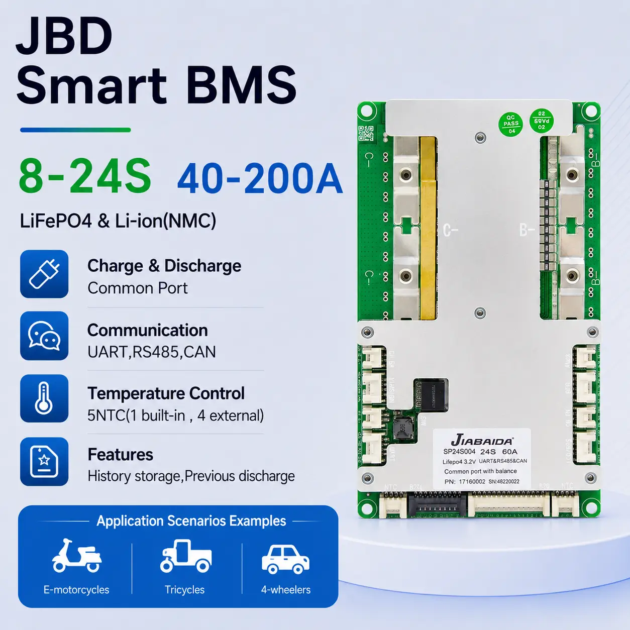 JBD SP24S004 Smart BMS 8-24S 40A-200A for LiFePO4 and Li-ion battery packs with UART RS485 CAN communication