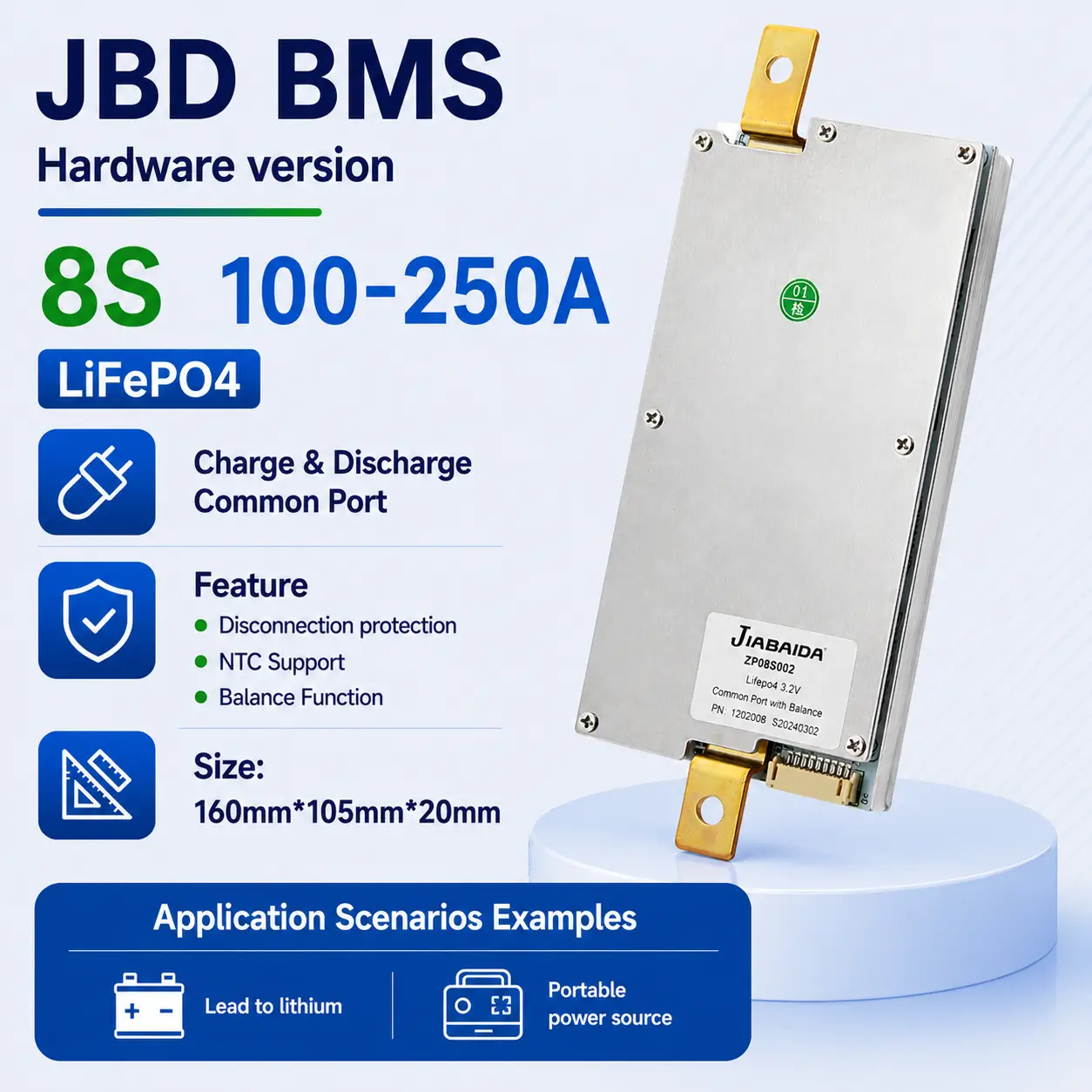 JBD ZP08S002 8S LiFePO4 BMS hardware version with 100A-250A current support for lead acid replacement and portable power applications