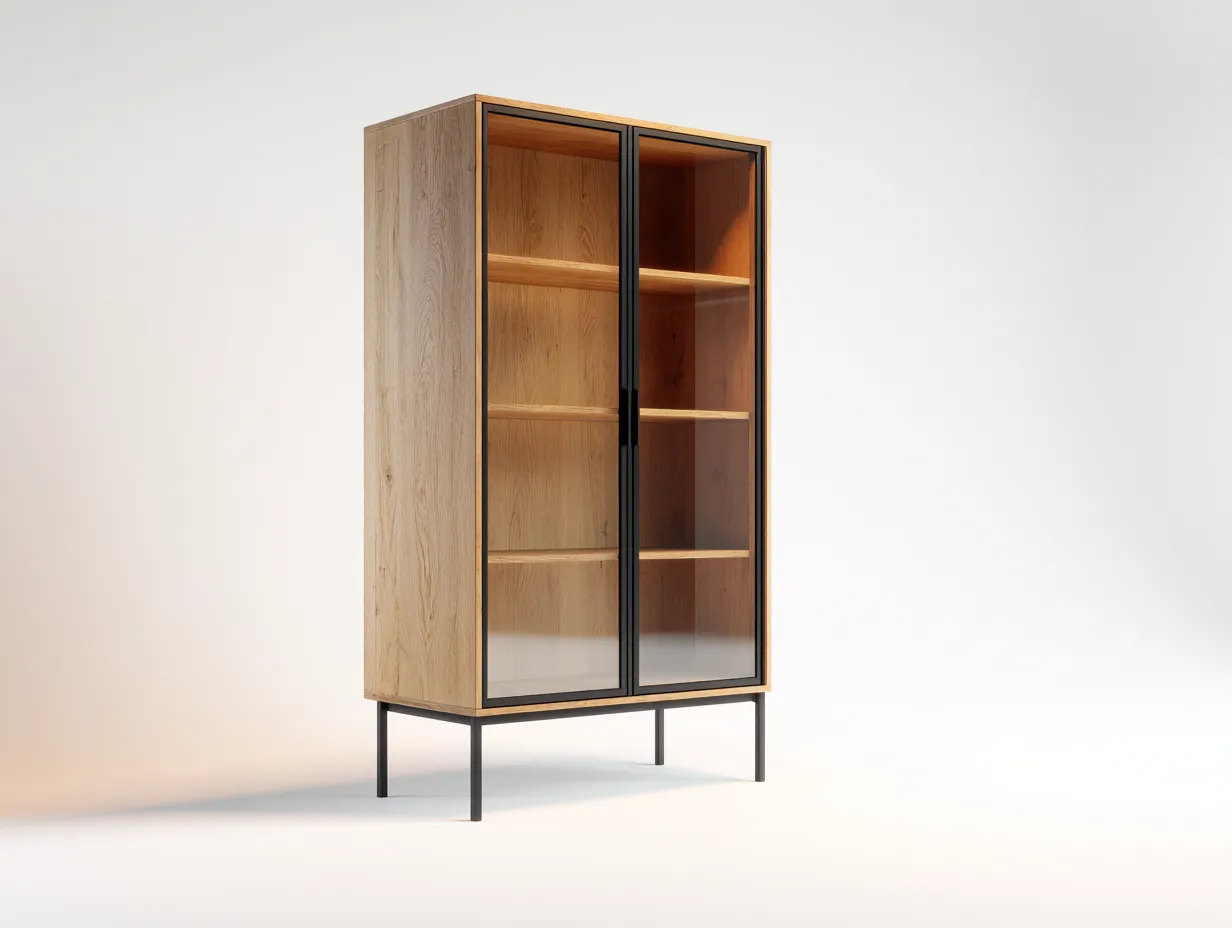 Vitrine-Holz-Metall-Glas-82x40x185 cm-Natur-Schwarz-Moderner Industrial-Stil-Vileniaspace