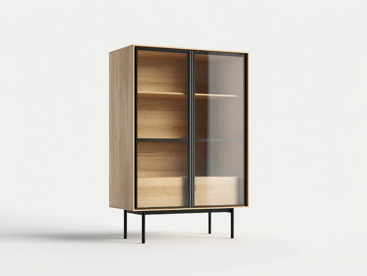 Vitrine en bois et verre 90x40x160 cm pour salon - finition chêne et noir - design moderne-Craftgetpad