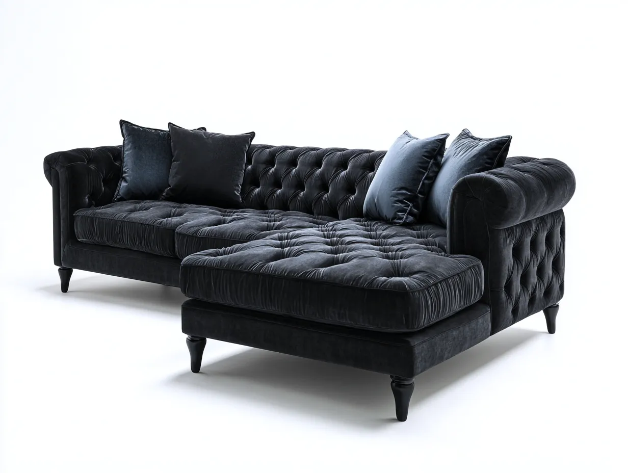 Divano angolare - Velluto-Legno - 302 x 178 x 82 cm - Nero - Stile classico capitonné-Cottauphub