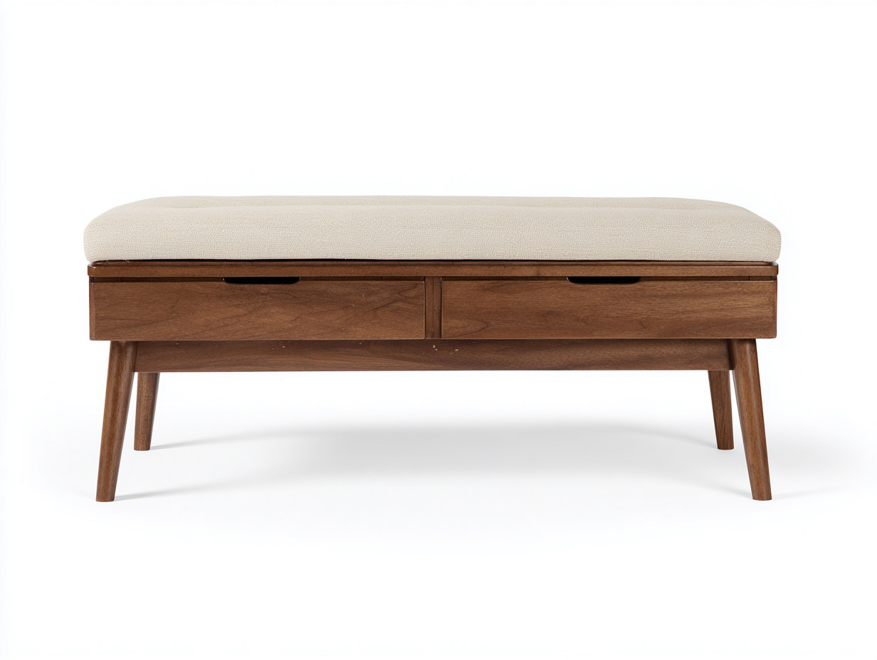 Banc de rangement bois massif et tissu 120x40x45 cm-brun et beige-entrée design moderne-Homimyio