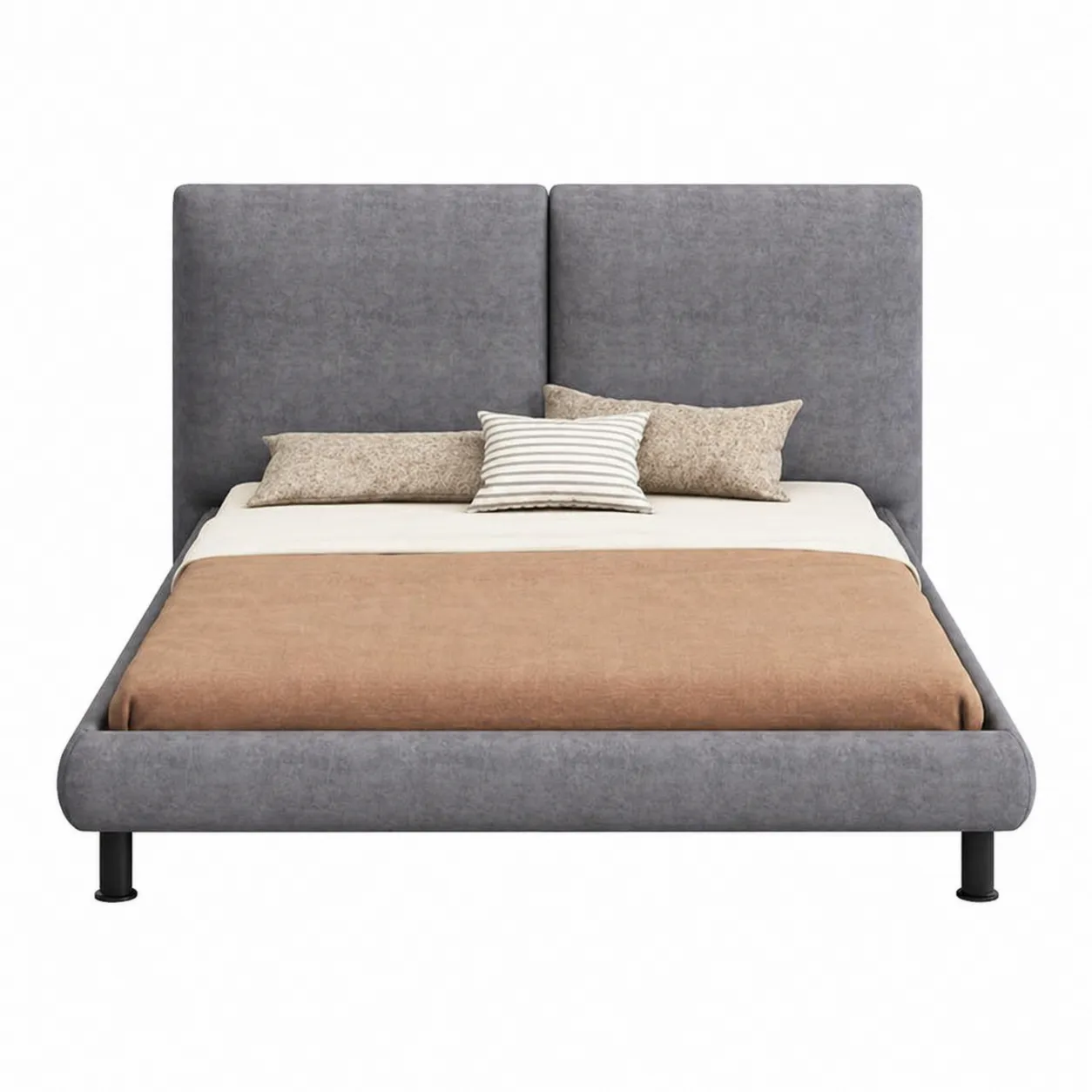 Letto matrimoniale in tessuto grigio con cuscini