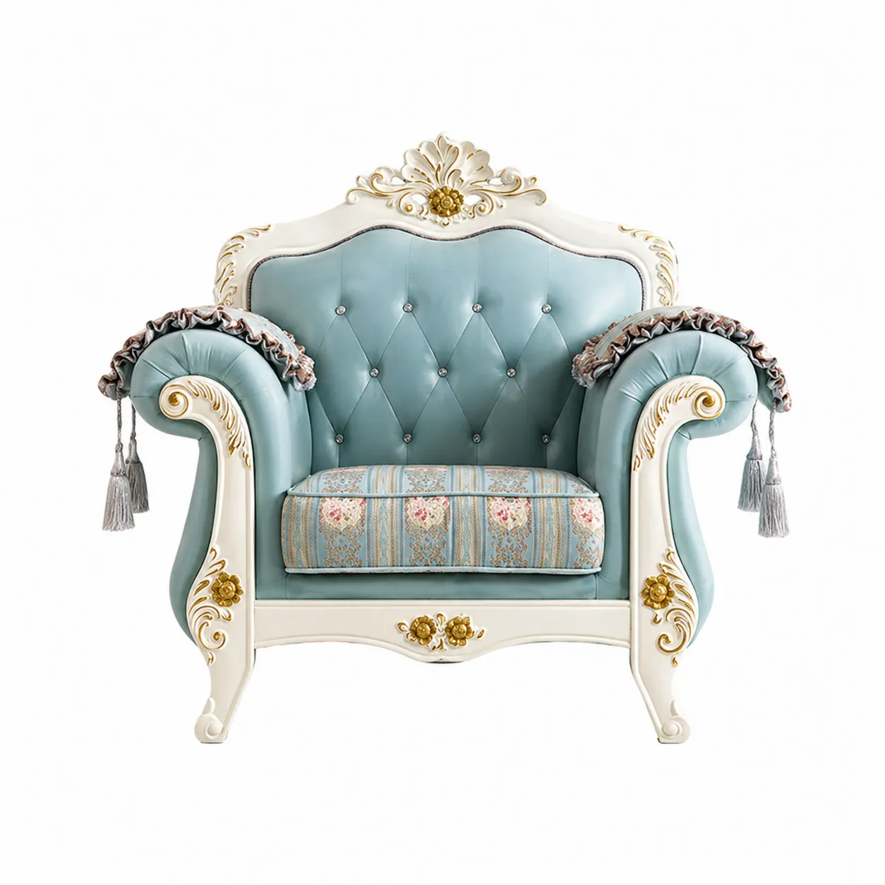 Poltrona in pelle PU blu e tessuto floreale con dettagli in legno intagliato bianco