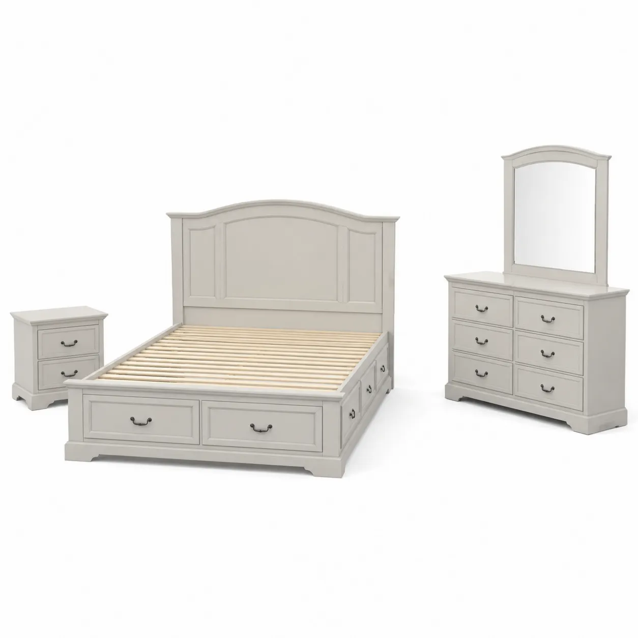 Set da Camera con Letto Matrimoniale, Comodino e Comò con Specchio in Legno Massello Grigio