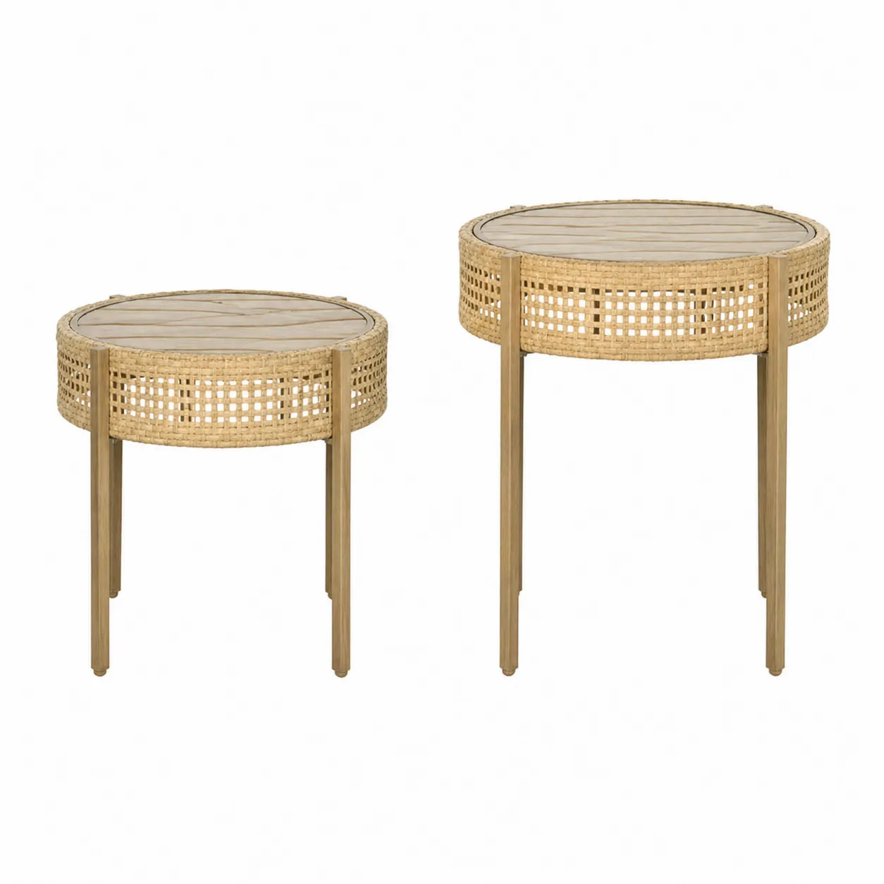 Set di Tavolini Rotondi in Rattan e Legno Naturale