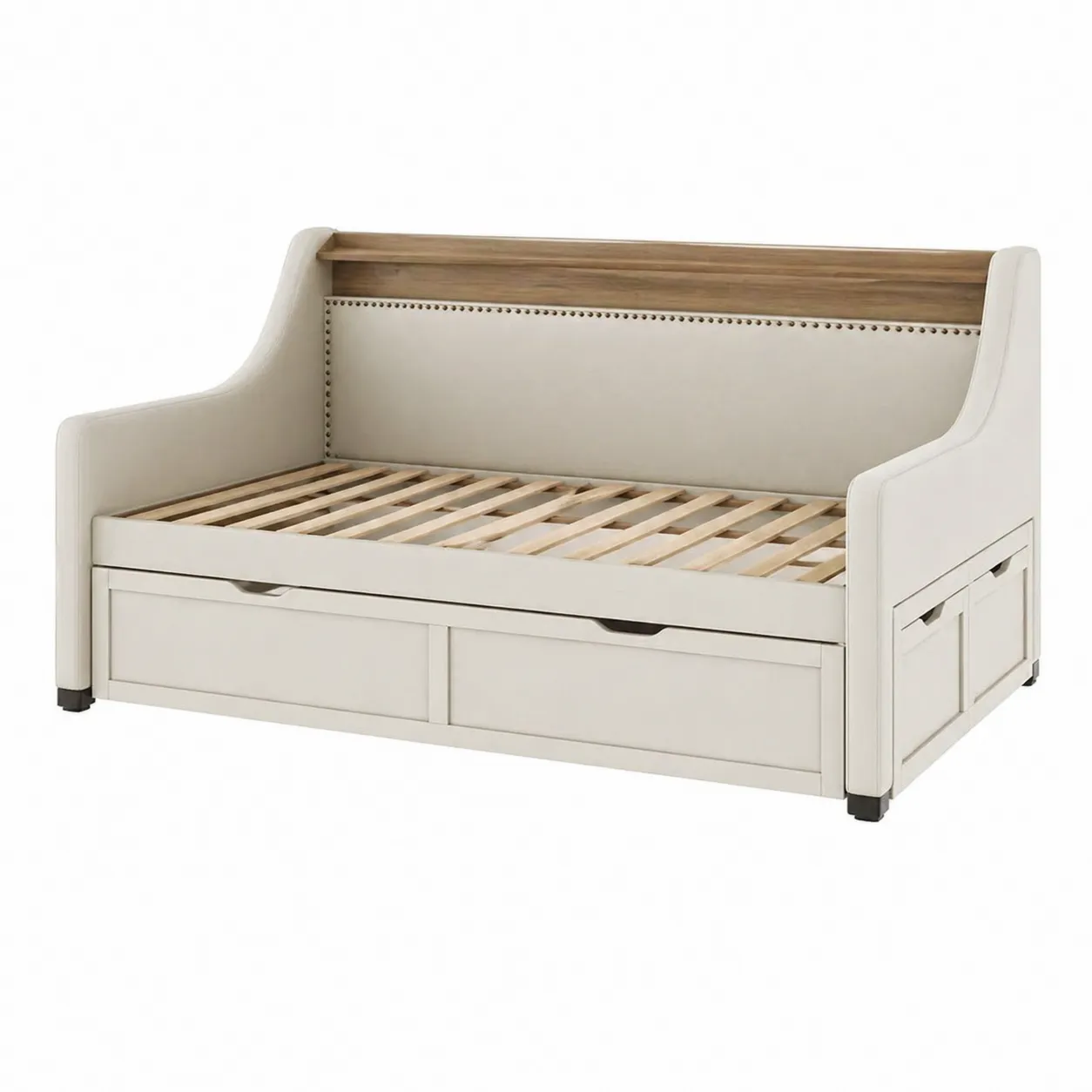 Divano Letto con Cassetti in Legno e Tessuto Bianco 200x90 cm