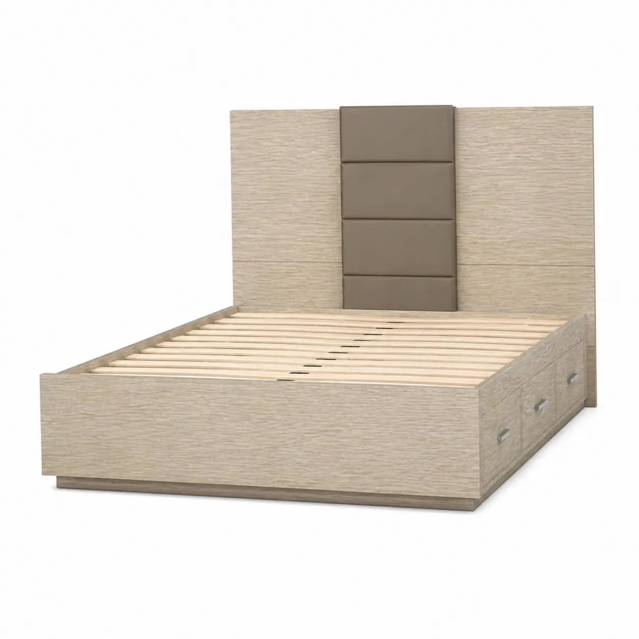 Letto matrimoniale in legno di quercia con testiera imbottita e cassetti integrati