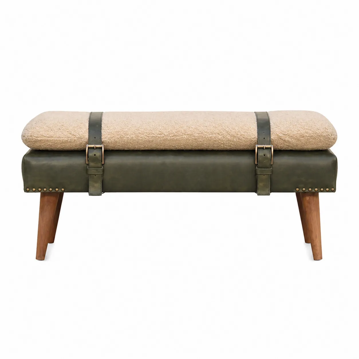 Panca in pelle e lana con gambe in legno