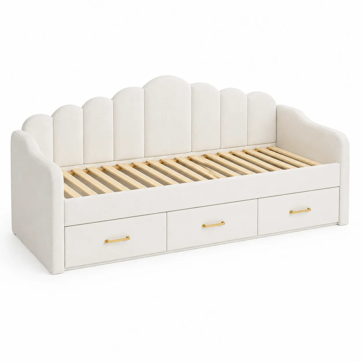 Letto imbottito con cassetti in legno Beige