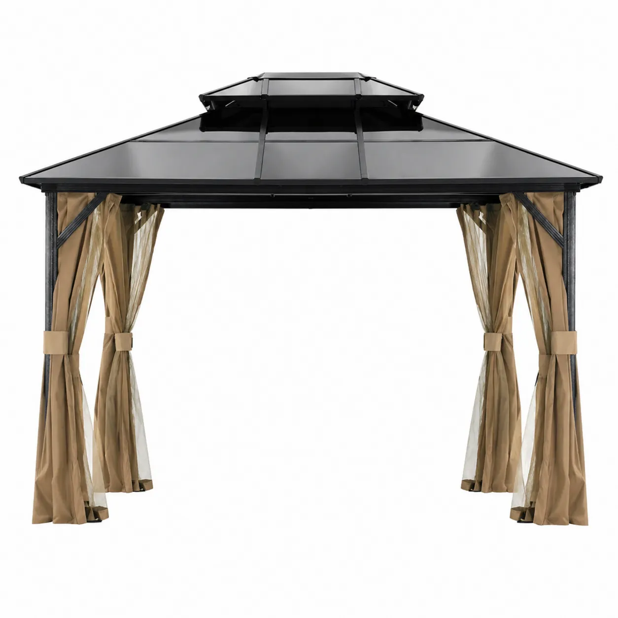 Gazebo da Giardino in Alluminio con Tetto in Policarbonato e Tende in Poliestere Beige