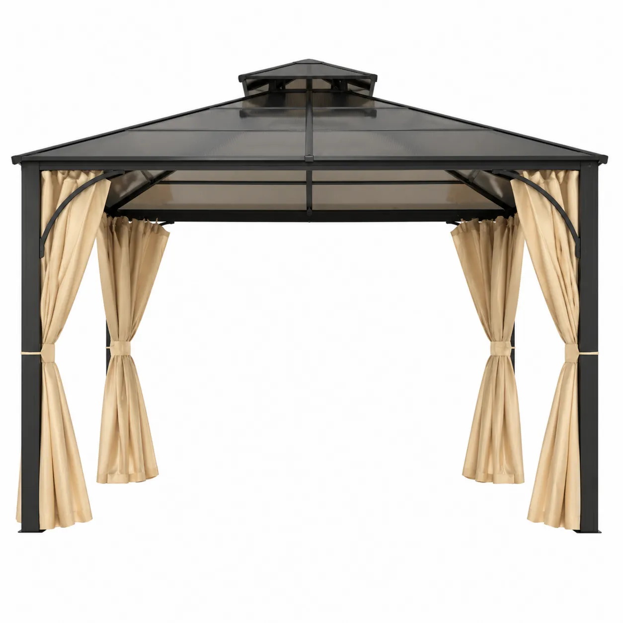 Gazebo in Metallo con Tetto in Policarbonato e Tende in Poliestere Beige