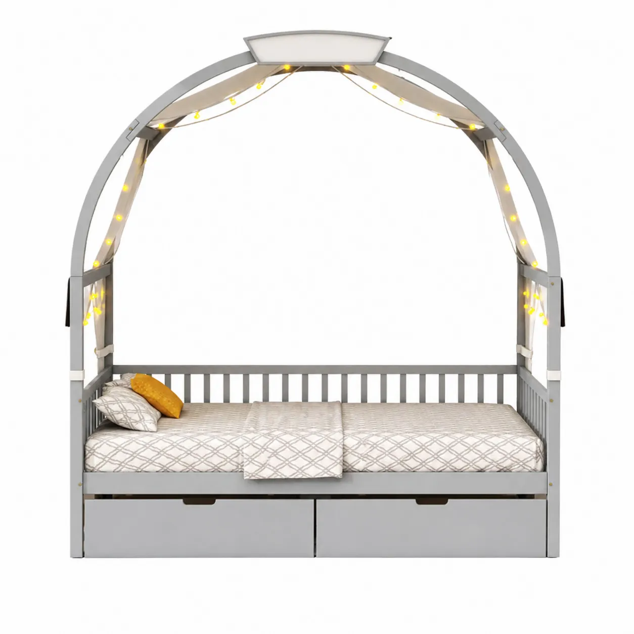Letto in Legno di Pino per Bambini con Baldacchino e LED Grigio 200x90 cm
