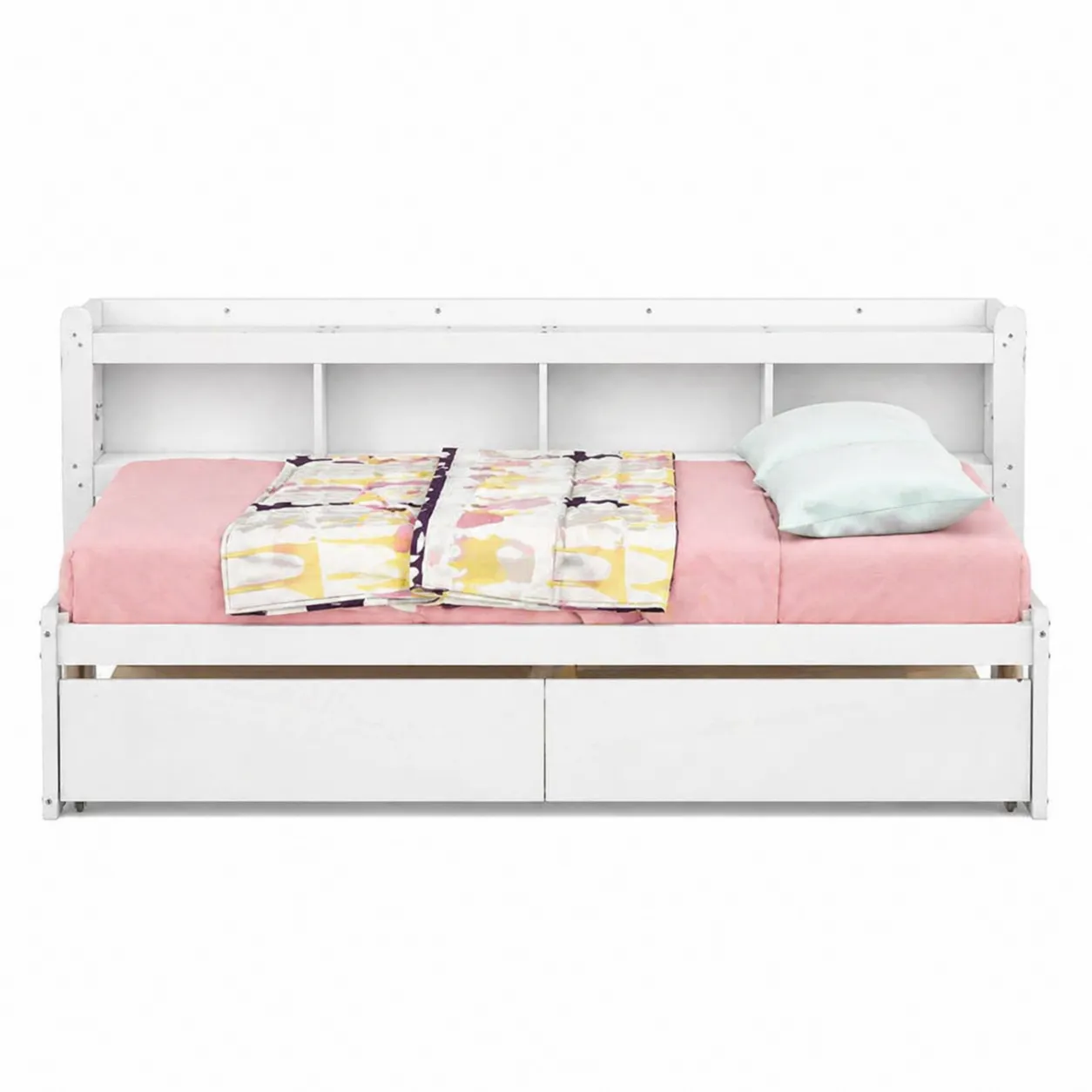 Letto singolo in legno bianco con cassetti e materasso