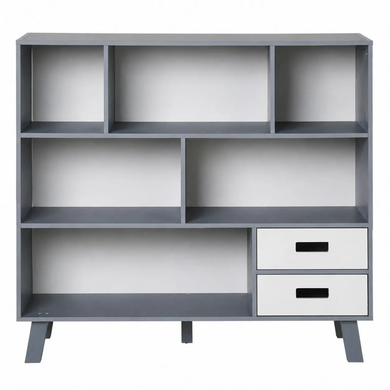 Libreria a 5 Scomparti con 2 Cassetti in Legno MDF Grigio e Bianco