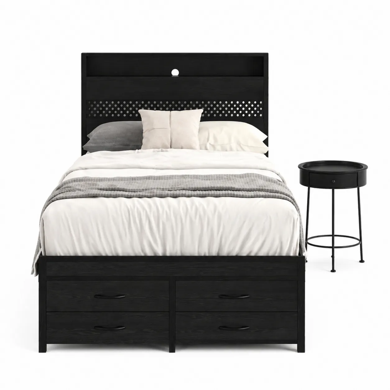 Letto matrimoniale in legno con contenitore e comodino nero