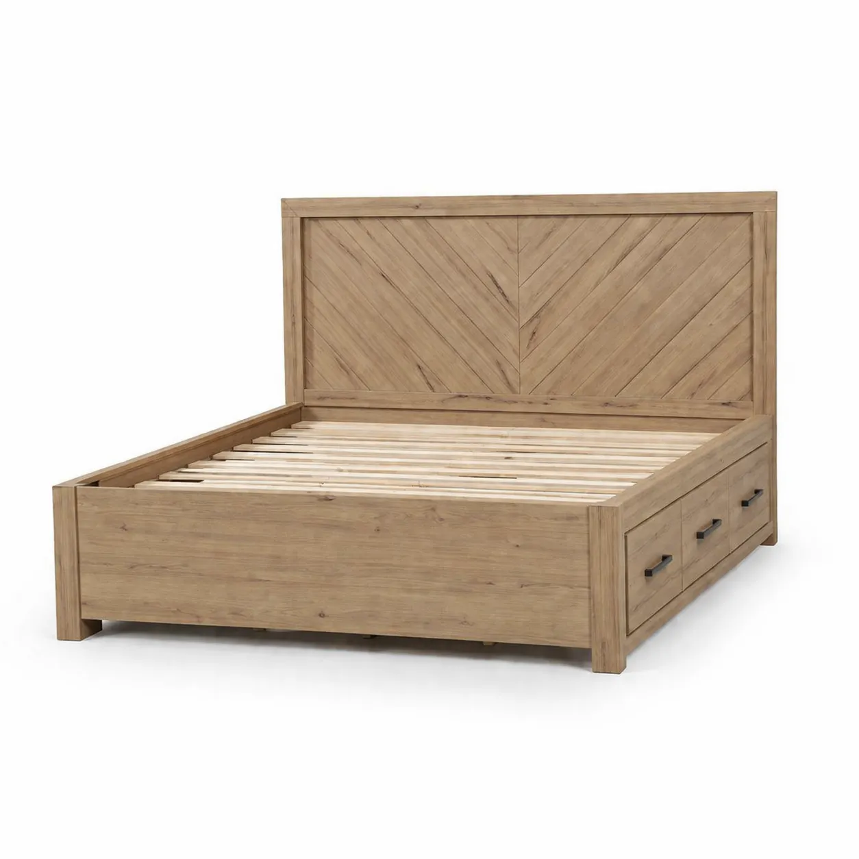 Letto Matrimoniale in Legno Massello con Testiera Chevron e Cassetti