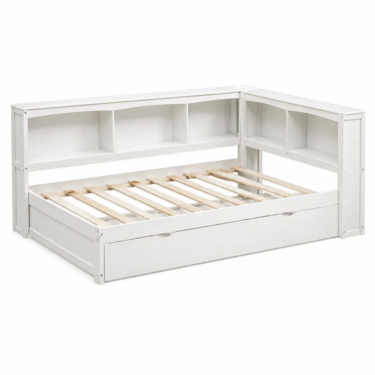 Lit de jour d'angle en bois avec étagères et tiroir 200x90 cm Blanc-Arvilen