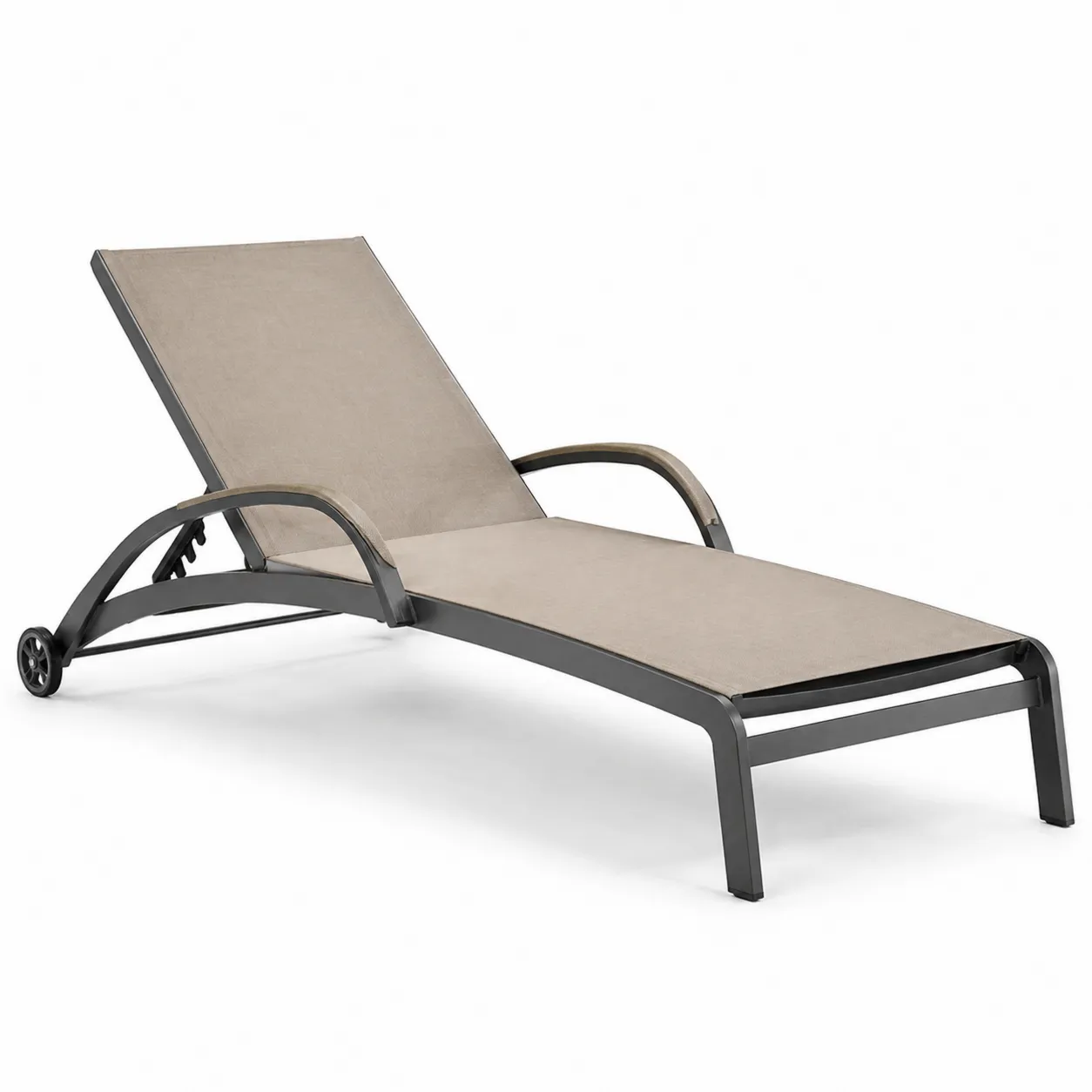 Chaise Longue d'Extérieur Aluminium Textilène Réglable Beige avec Roulettes-Arvilen