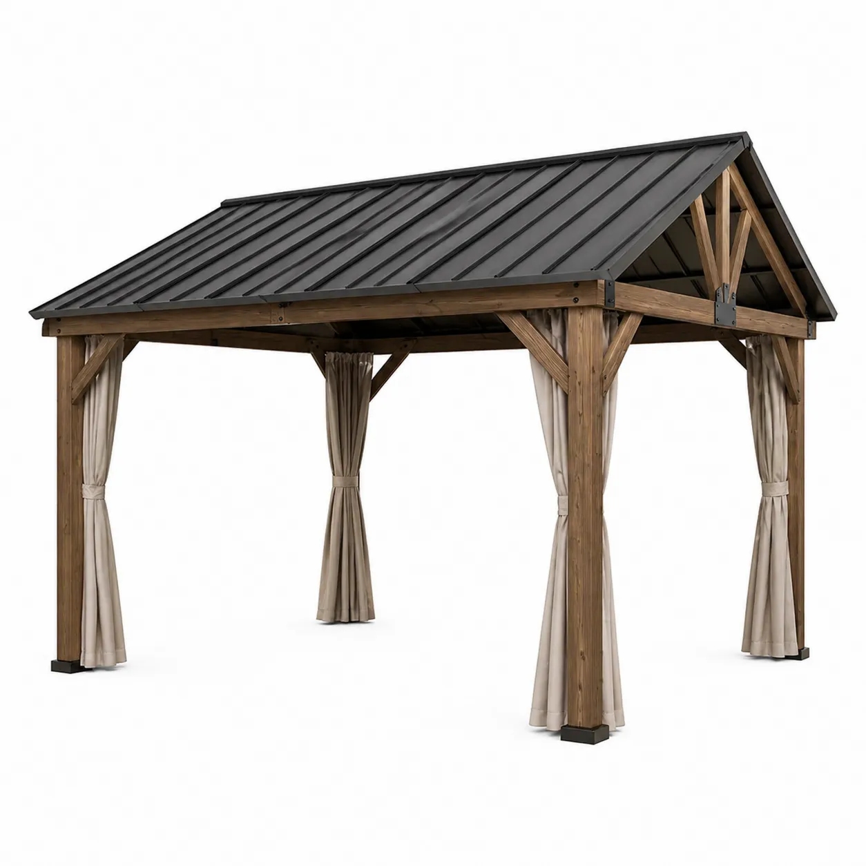 Pavillon de jardin en bois et métal avec rideaux en polyester Beige 400x300x300cm-Arvilen