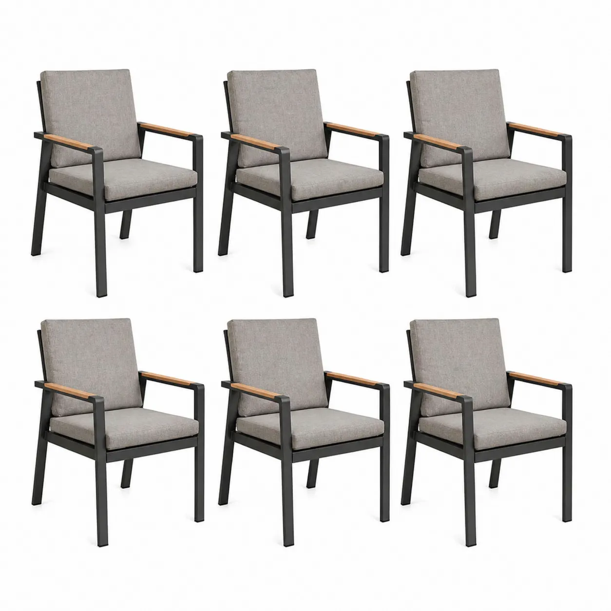 Ensemble de 6 chaises en aluminium avec accoudoirs en bois et coussins gris-Arvilen